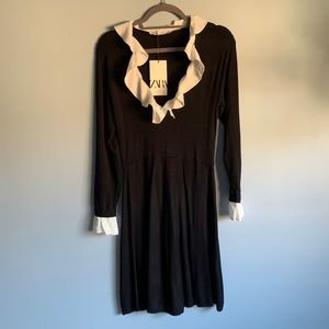 Never-worn black Zara sweater dress with white trim. Size Large.